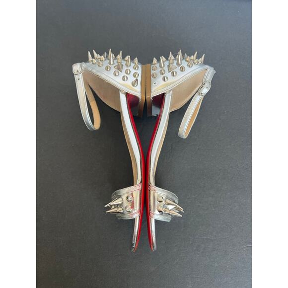 Christian Louboutin Silver Leather Druide Studded Ankle Strap Sandals Sz 5 - Picture 7 of 15